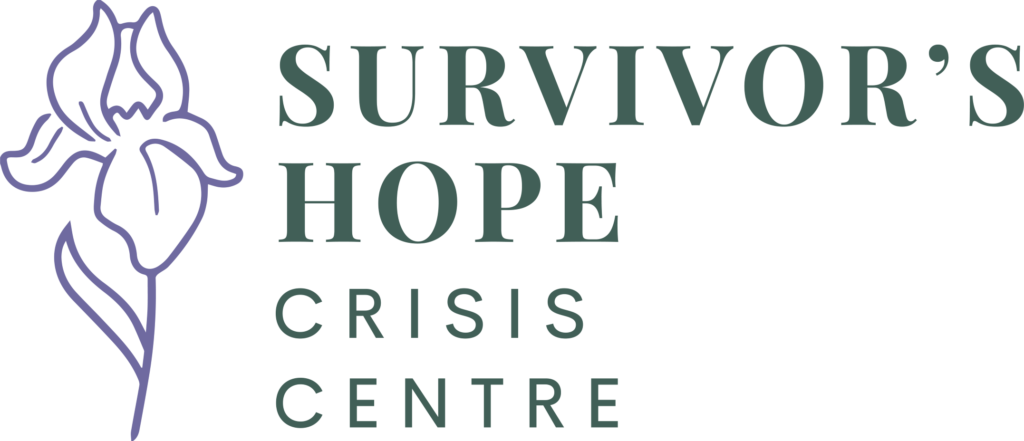 Survivor's Hope Crisis Centre Logo - A line drawn purple iris flower with the text Survivor's Hope Crisis Centre stacked in green to the right of the flower