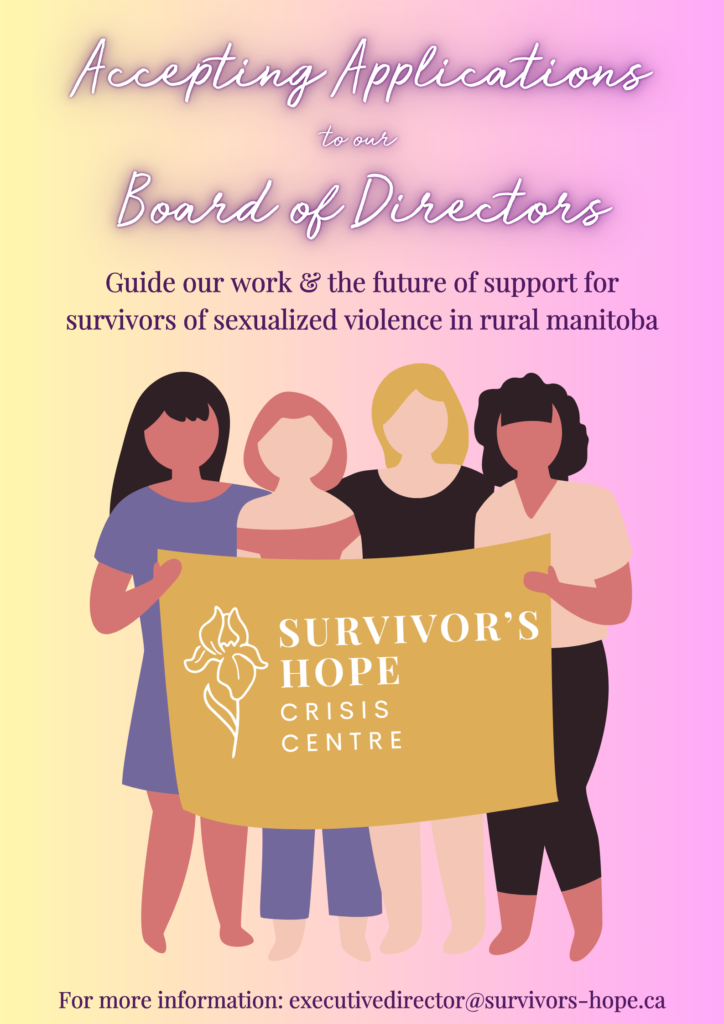 Header: Accepting Applications to our Board of Directors. Guide our work & the future of support for survivors of sexualized violence in rural Manitoba.
Survivor's Hope Crisis Centre.
4 people stand holding a banner. 